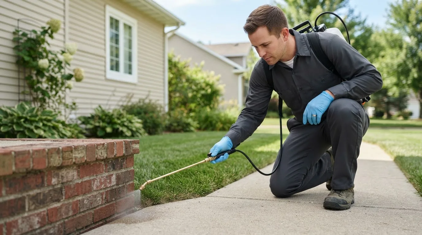 Pest control technician treating a home near Rew, PA