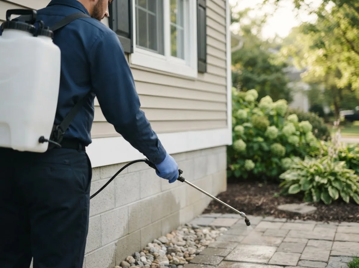 Pest control technician inspecting a home in Rew, PA
